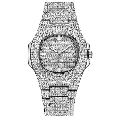 Gold Necklace +Watch+Bracelet Miami Curb Cuban Chain Gold Full Iced Out Paved Rhinestones CZ Bling