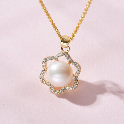 Pearl White Natural Freshwater 8-9mm Silver Gold Plated Flower Zirconia Pendants Necklaces