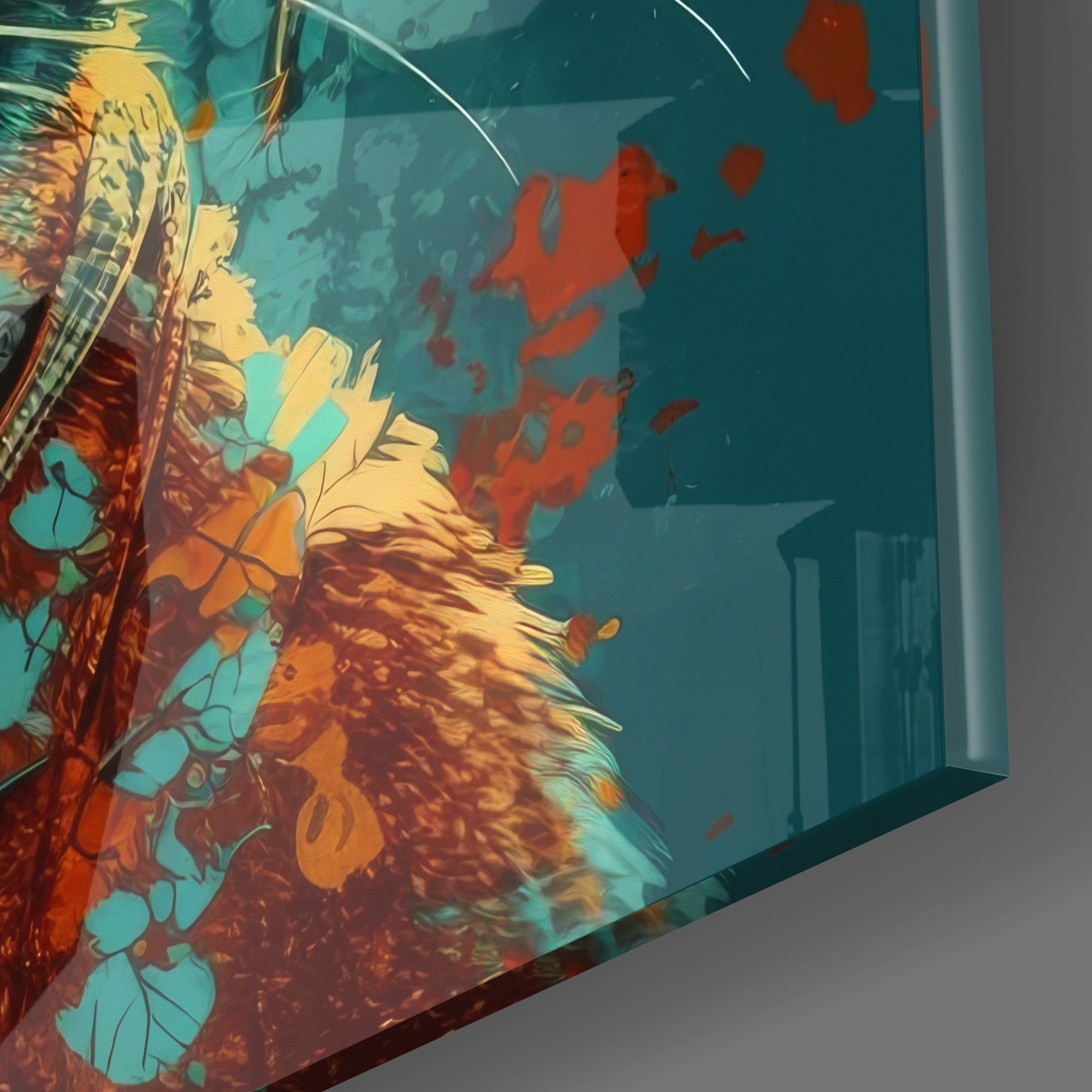 Teal Backdrop Cat in Glasses Glass Wall Art