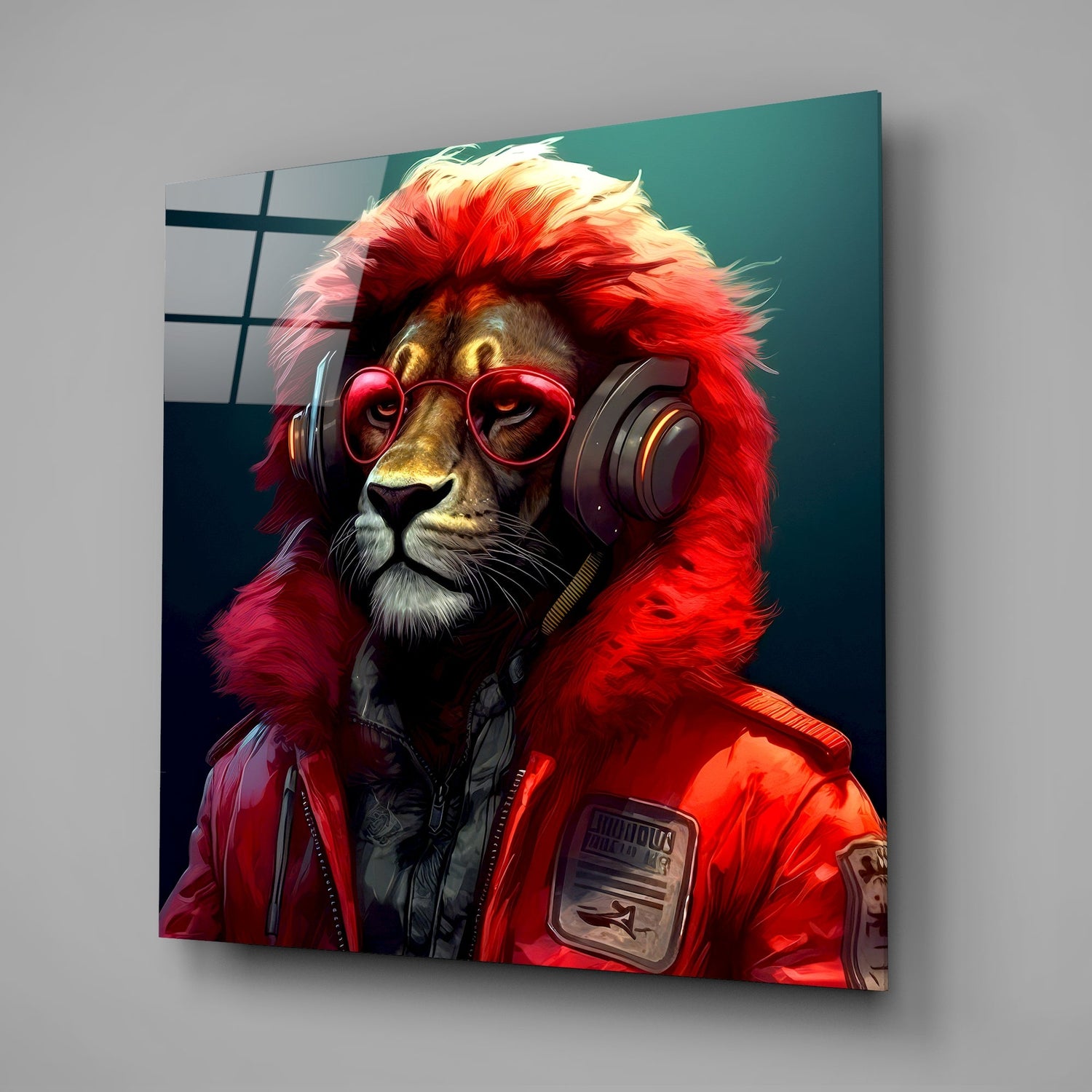 Red Fur Hood Lion Headphones Glass Wall Art