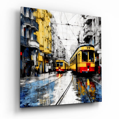 Two Trams Wet Tracks Glass Wall Art