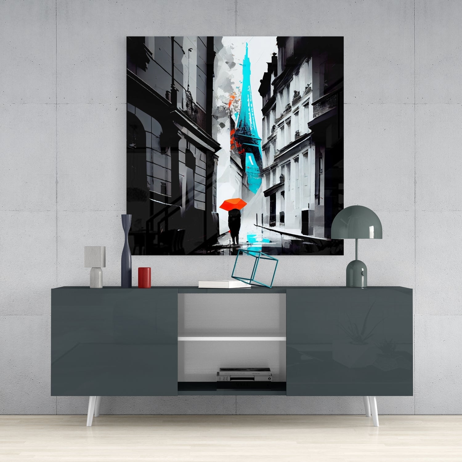 Turquoise Tower Red Umbrella Alley Glass Wall Art