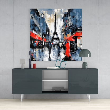 Red Coated Figure on Blue Street Glass Wall Art