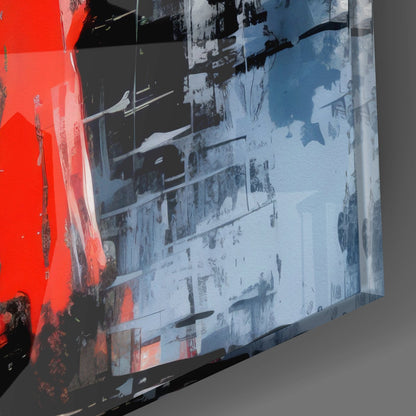 Red Coated Figure on Blue Street Glass Wall Art