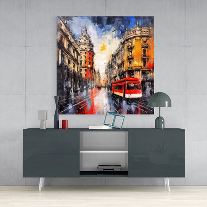 Red Tram Palette Knife Street Spain Glass Wall Art
