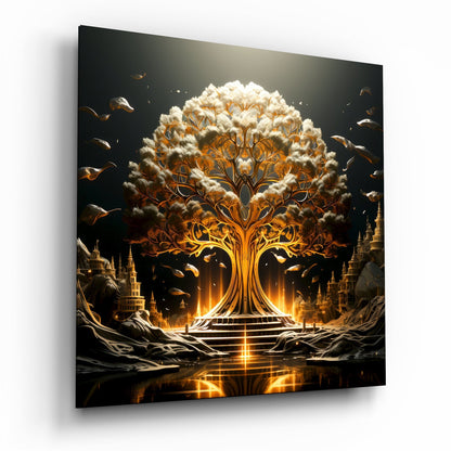 Golden Temple Tree Of Life With Cloud Canopy Glass Wall Art