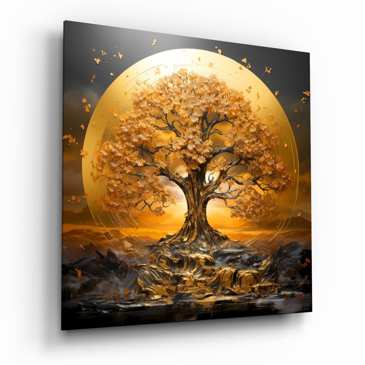 Golden Blossom Tree Of Life Sun Disc Glass Wall Art