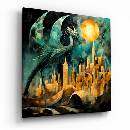 Teal Dragon Over Golden City Moon Glass Wall Art