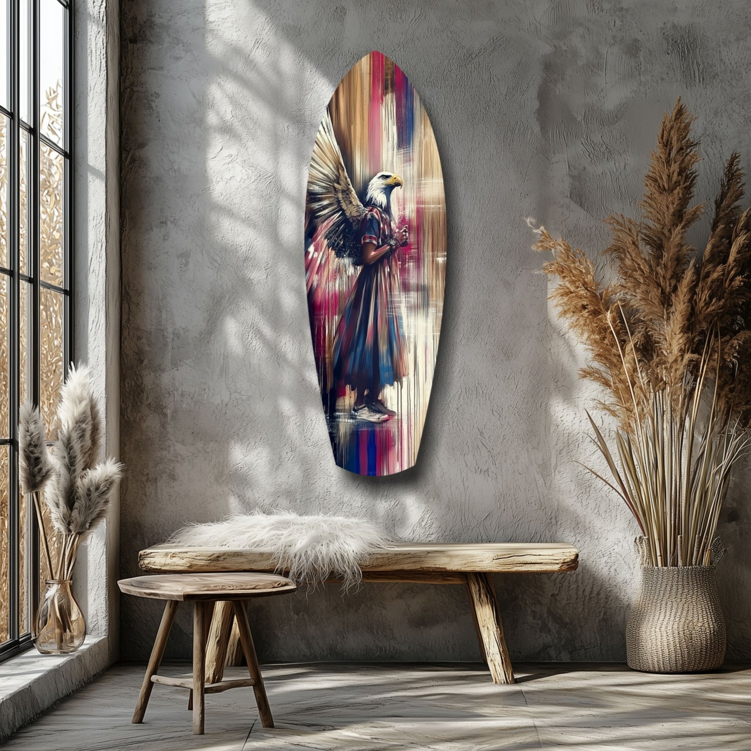 Surfboard Magenta Drip Paint American Eagle Glass Wall Art