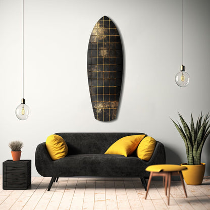 Gold Grid Tiles Black Surfboard Glass Wall Art