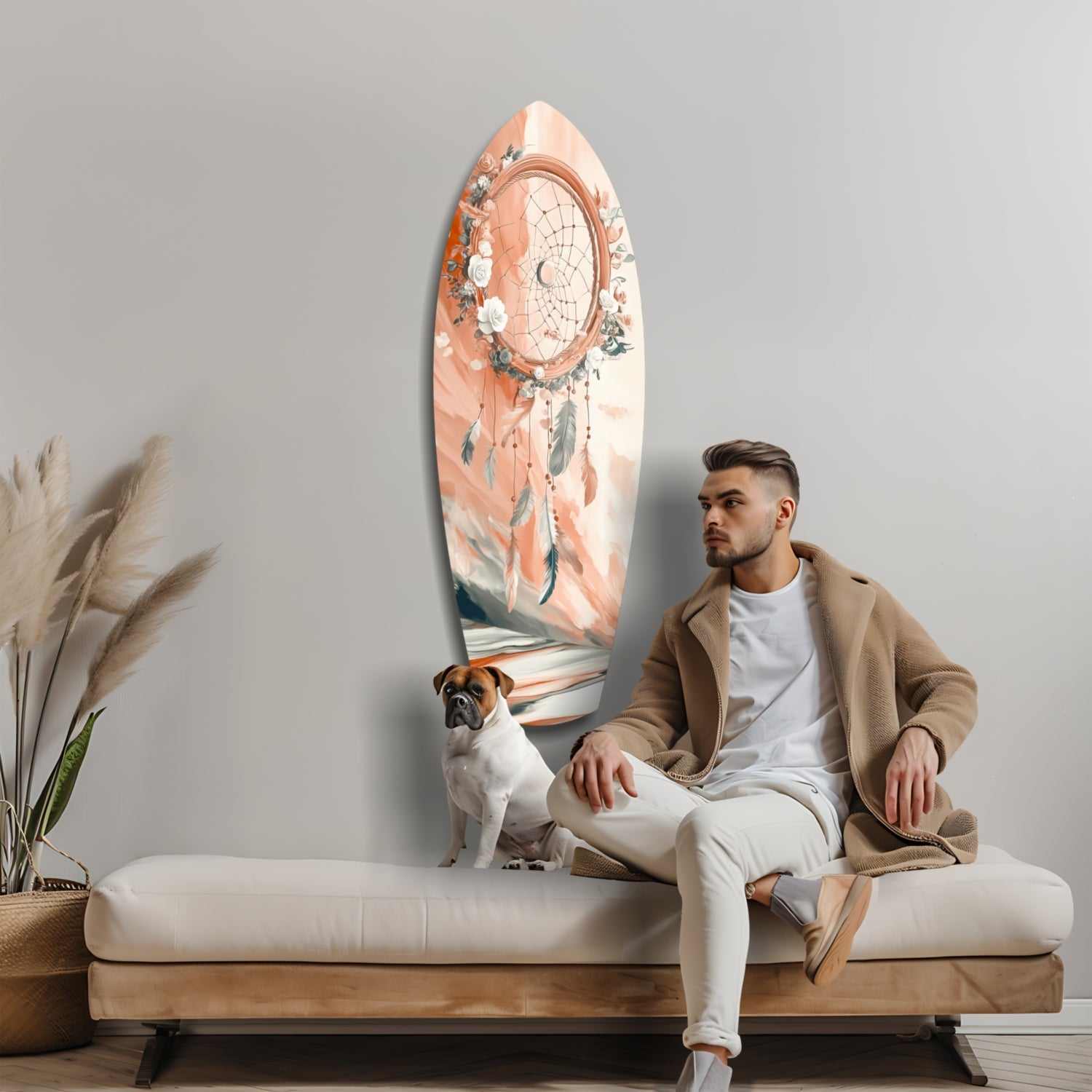 Peach Rose Dreamcatcher Surfboard Glass Wall Art