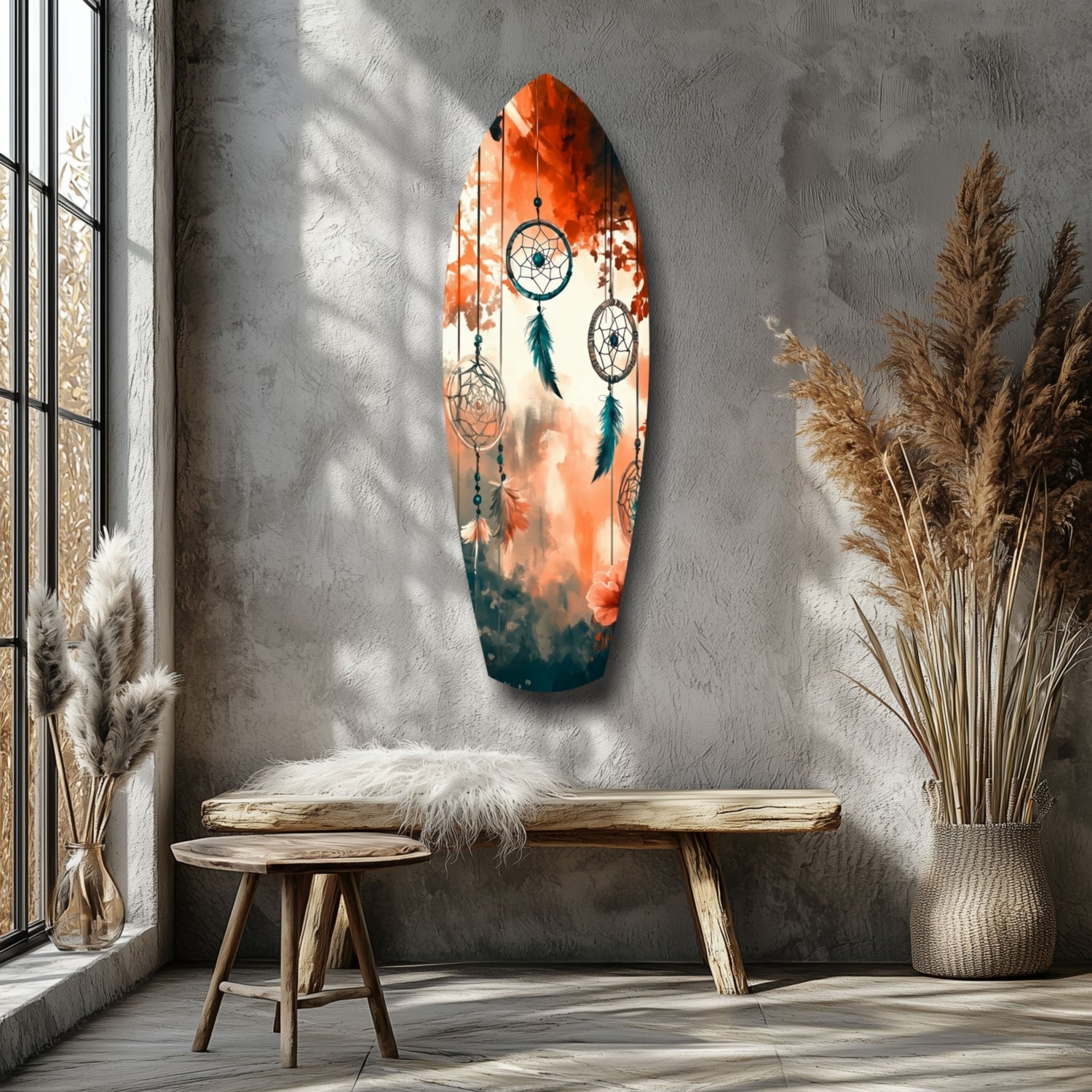 Orange Teal Dreamcatcher Surfboard Glass Wall Art