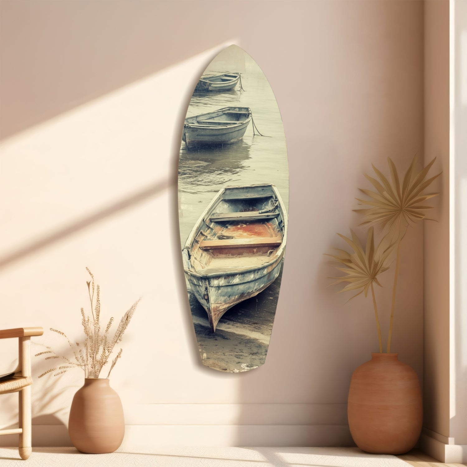 Moored Rowboats on Misty Shore Glass Wall Art