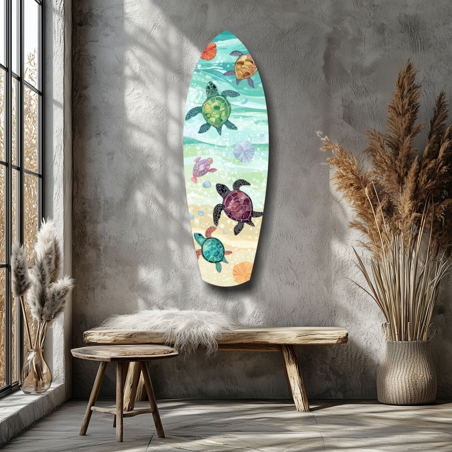 Surfboard Shaped Baby Turtles Glass Wall Art