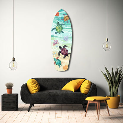 Surfboard Shaped Baby Turtles Glass Wall Art