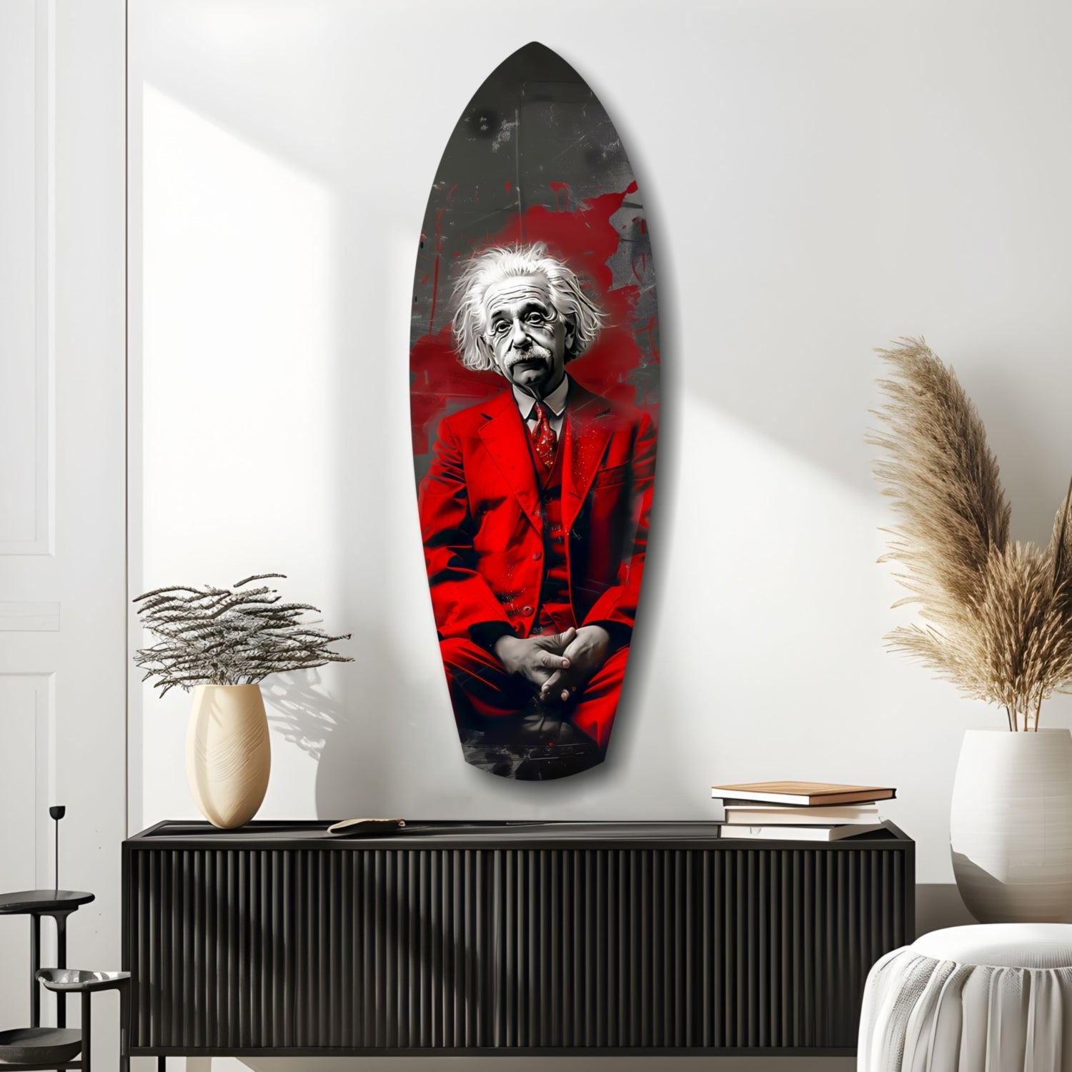 Red Suit Wild Haired Scientist Seated Glass Wall Art