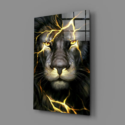 Golden Lightning Electric Lion Glass Wall Art