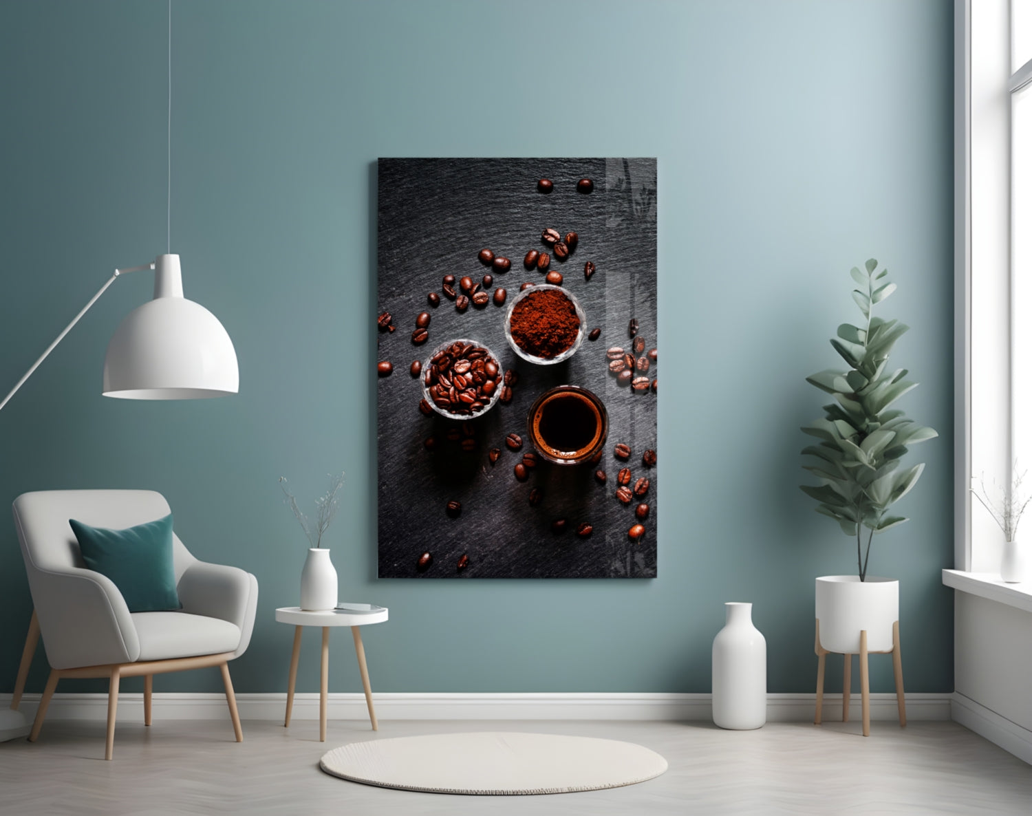 Overhead Coffee Beans And Grounds Glass Wall Art