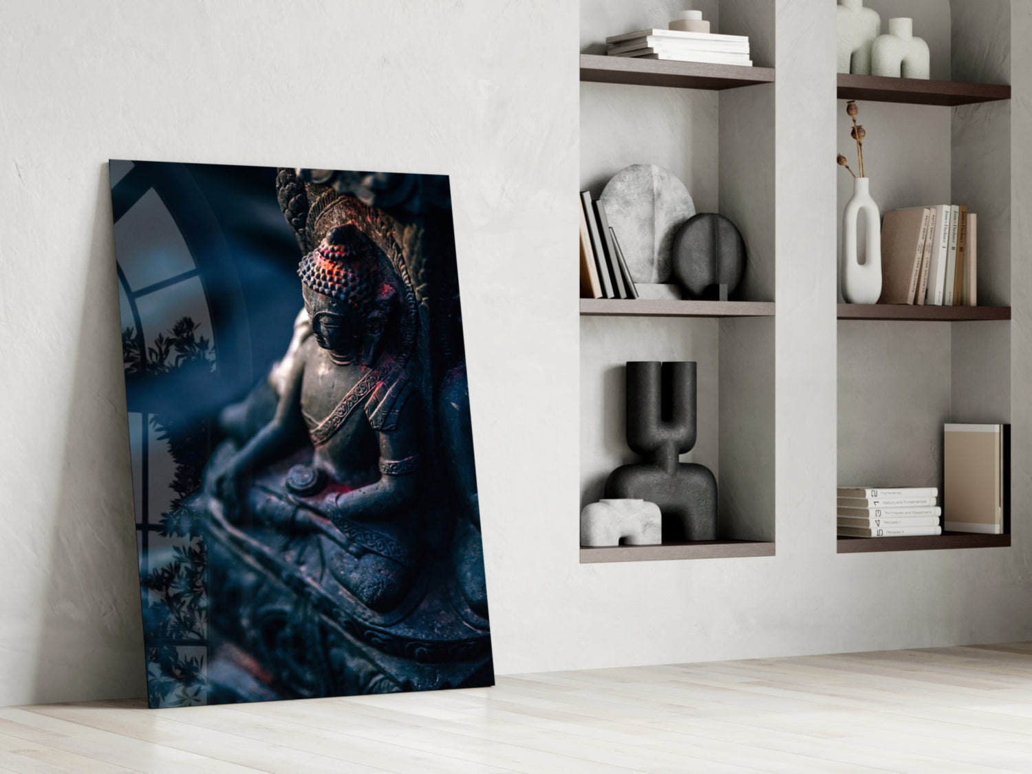 Moody Blue Deity Statue Glass Wall Art