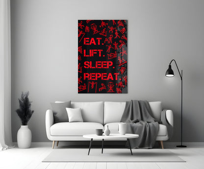 Red Gym Icons Eat Lift Sleep Repeat Glass Wall Art