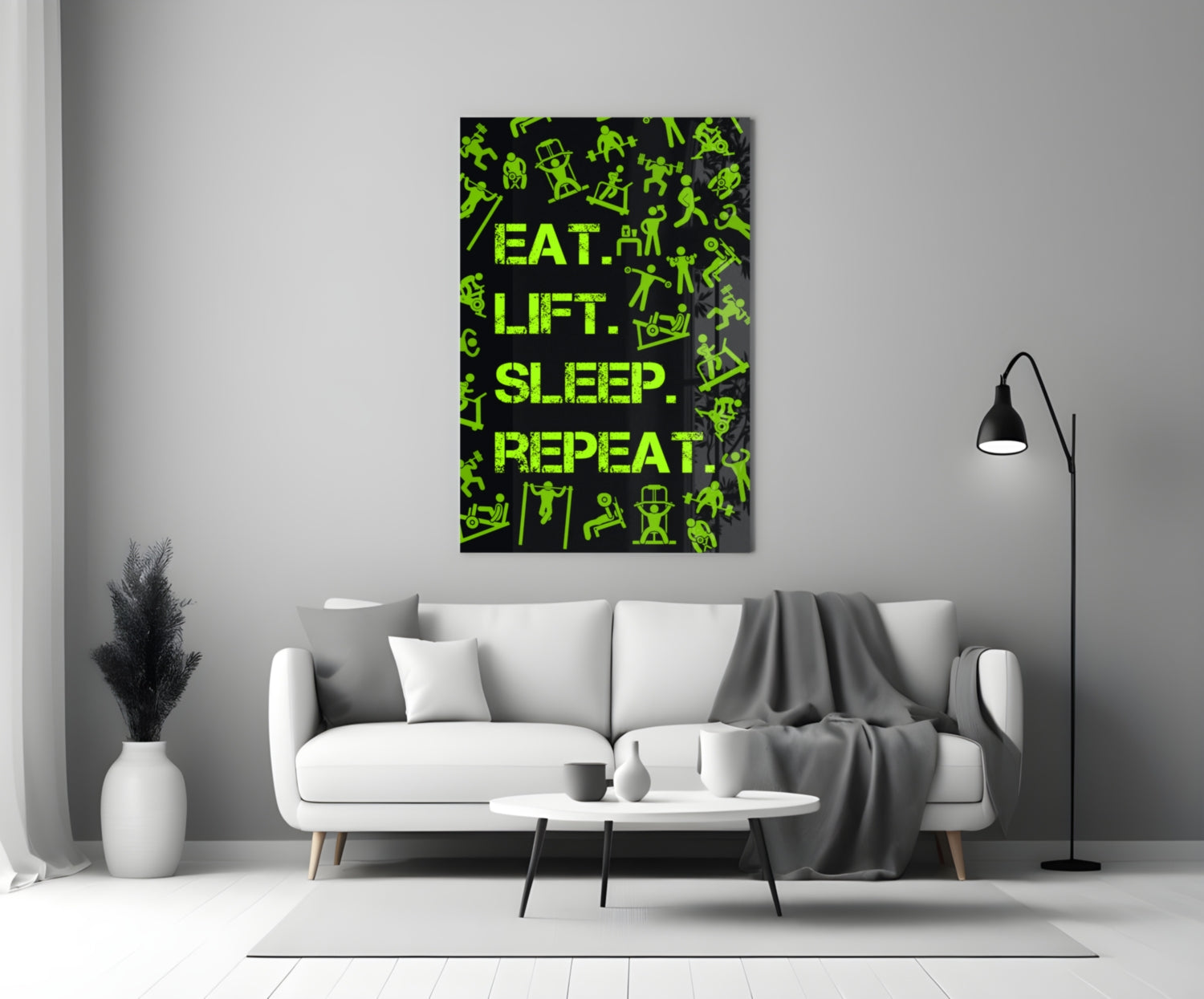Neon Green Training Icons Gym Quote Glass Wall Art