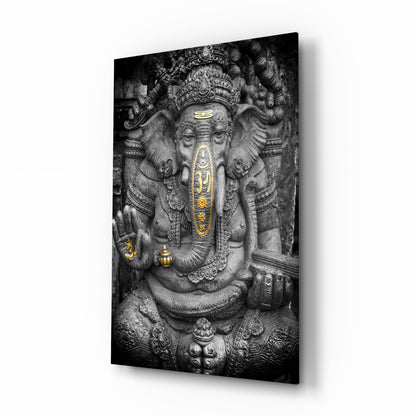 Gold Accented Stone Statue Ganesha Glass Wall Art