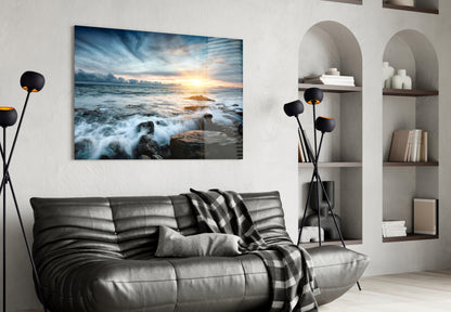 Sunrays Rocky Coast Waves Glass Wall Art