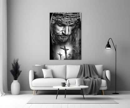 Black and White Crown of Thorns Jesus Glass Wall Art