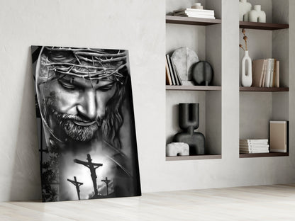 Black and White Crown of Thorns Jesus Glass Wall Art