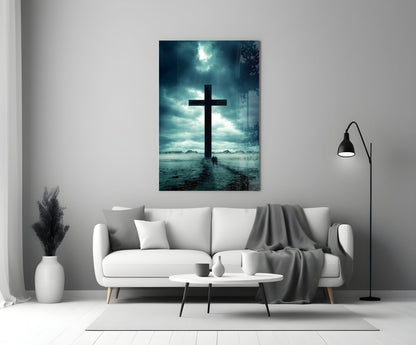 Stormy Desert Silhouette Cross Glass Wall Art