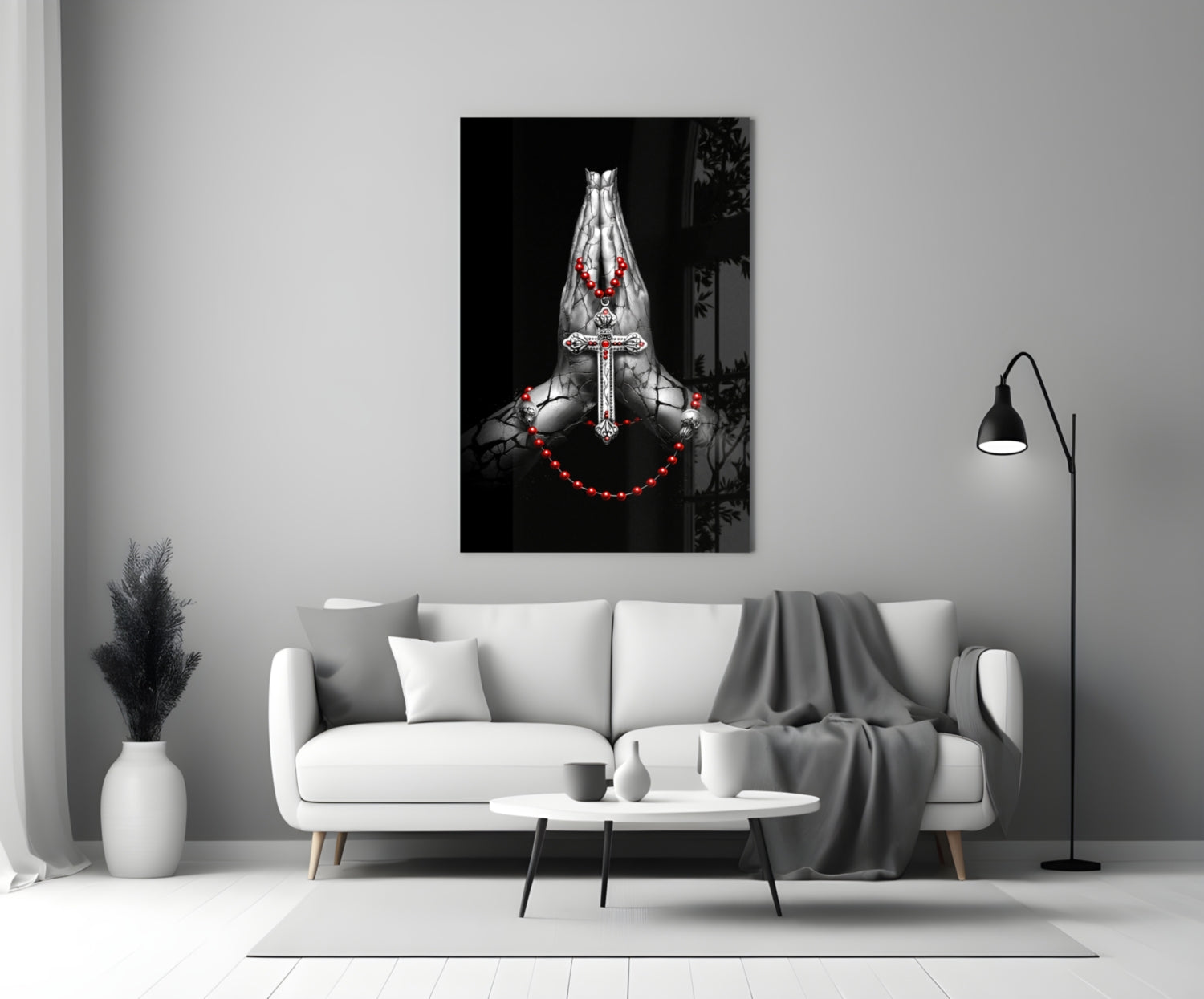 Praying Hands Red Rosary Cross Glass Wall Art