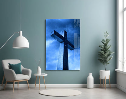 Blue Rain Stone Monument Cross Glass Wall Art
