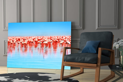 Pink Flock On Blue Lake Flamingos Glass Wall Art