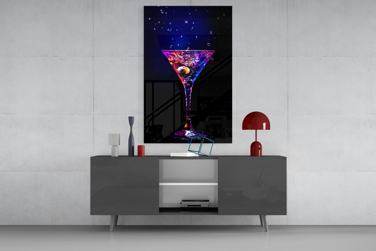 Neon Purple Splash Martini Olive Glass Wall Art