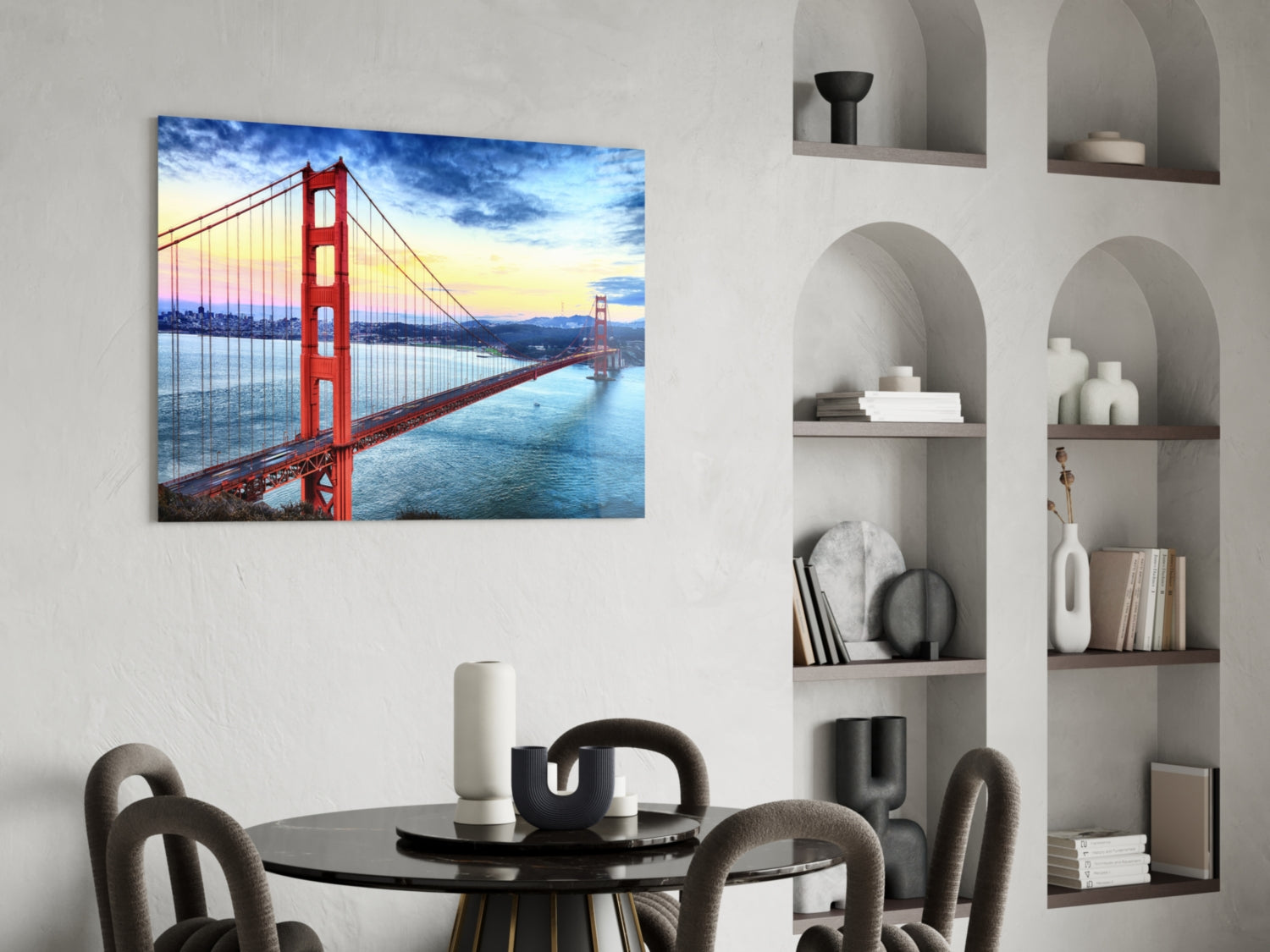 Golden Gate Bridge at Dusk Over Bay Glass Wall Art