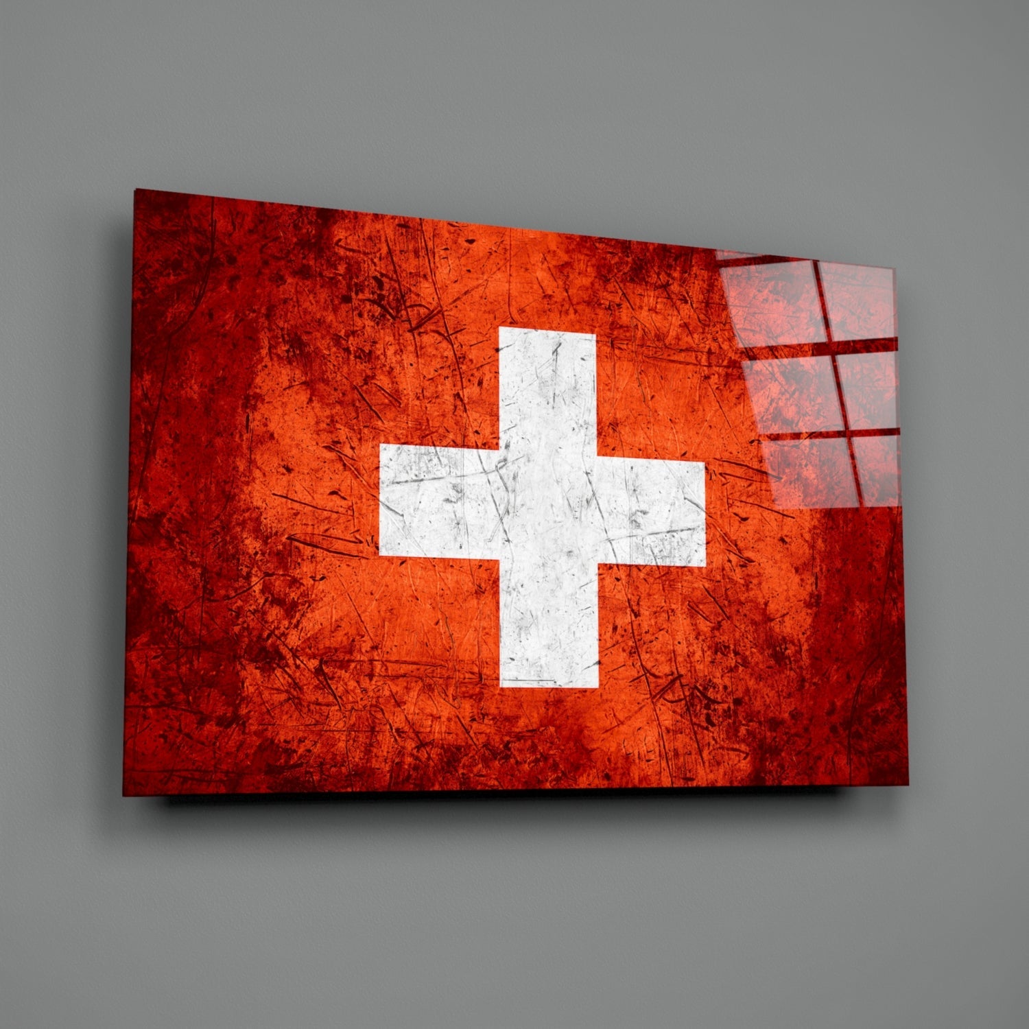 Bright Orange Scratched Swiss Cross Flag Glass Wall Art