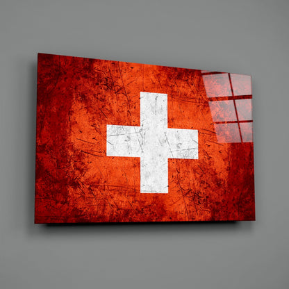 Bright Orange Scratched Swiss Cross Flag Glass Wall Art