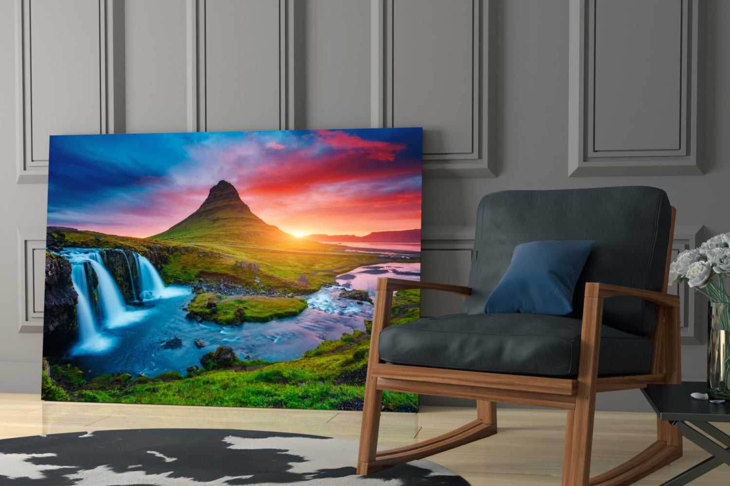 Kirkjufellsfoss Waterfall and View Glass Wall Art