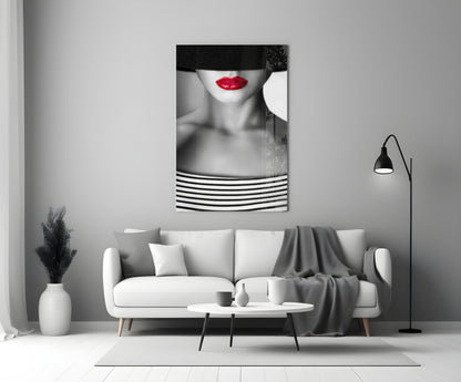 Red Lips Portrait Glass Wall Art