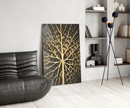 Gold Leaf Veins on Black Glass Wall Art