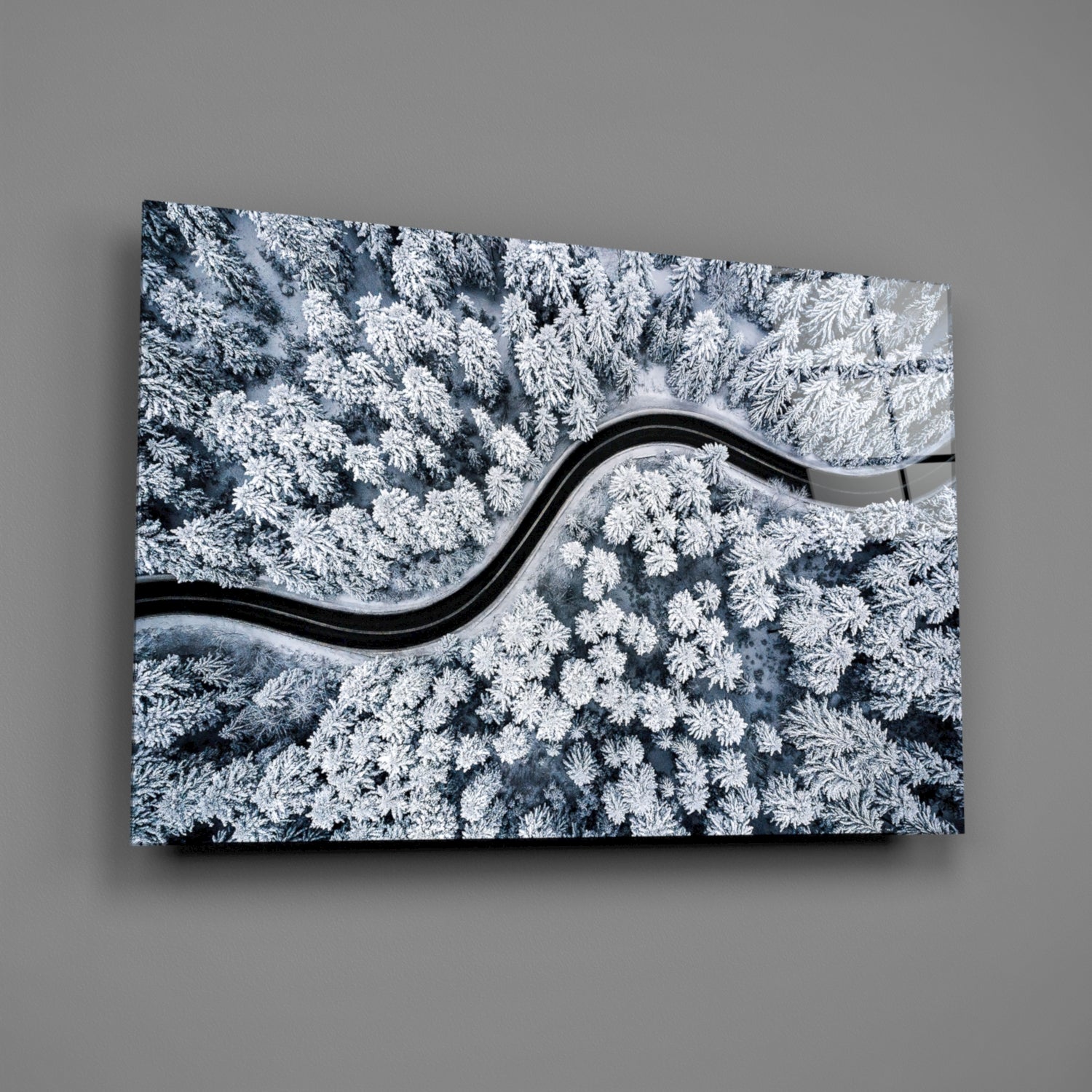 Icy Blue Aerial Snow Forest Road Glass Wall Art
