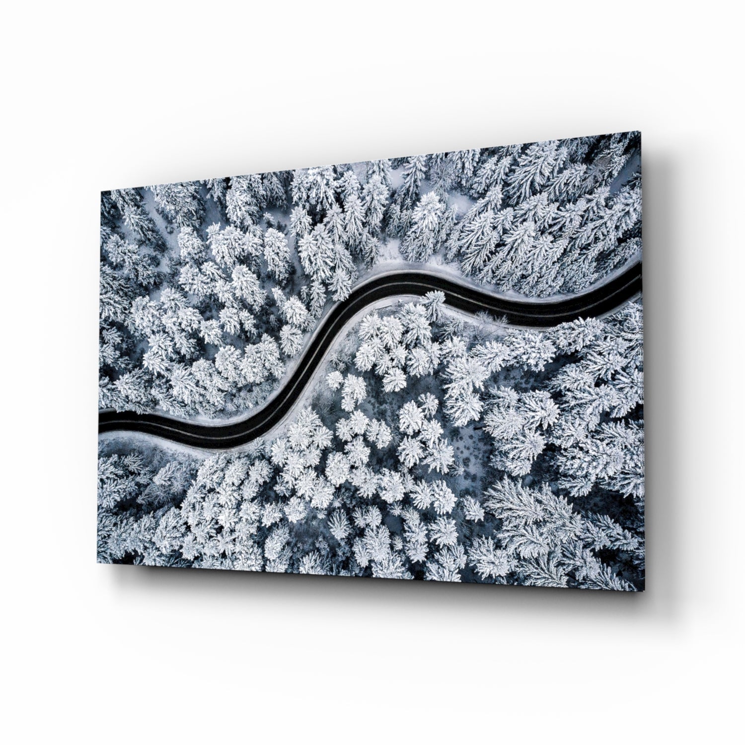 Icy Blue Aerial Snow Forest Road Glass Wall Art