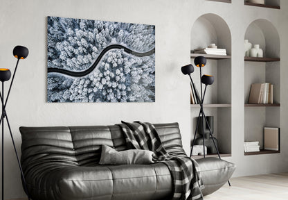 Icy Blue Aerial Snow Forest Road Glass Wall Art
