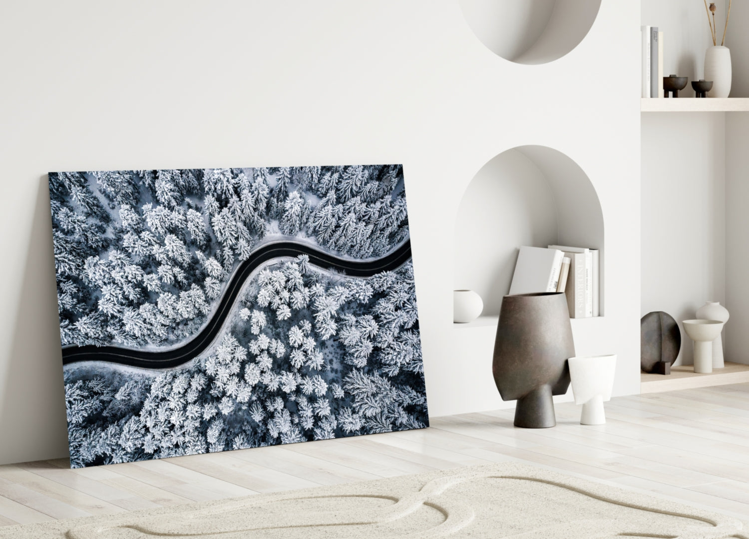 Icy Blue Aerial Snow Forest Road Glass Wall Art