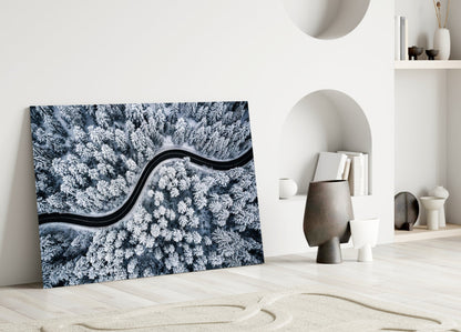 Icy Blue Aerial Snow Forest Road Glass Wall Art