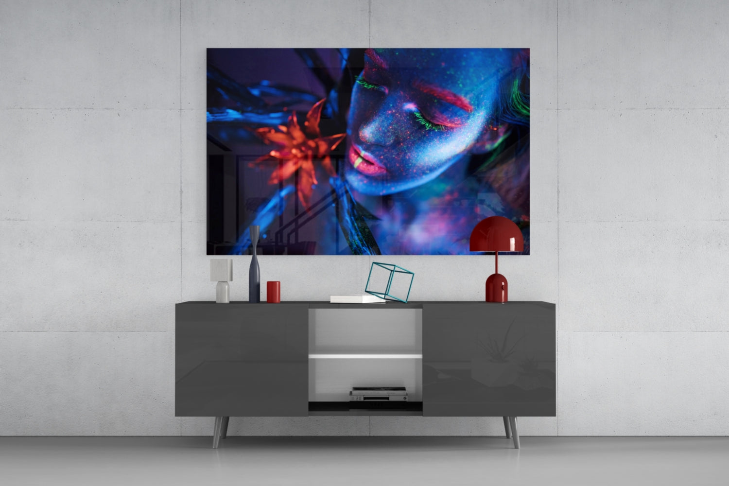Neon Blue Orange Flower Woman Glass Wall Art