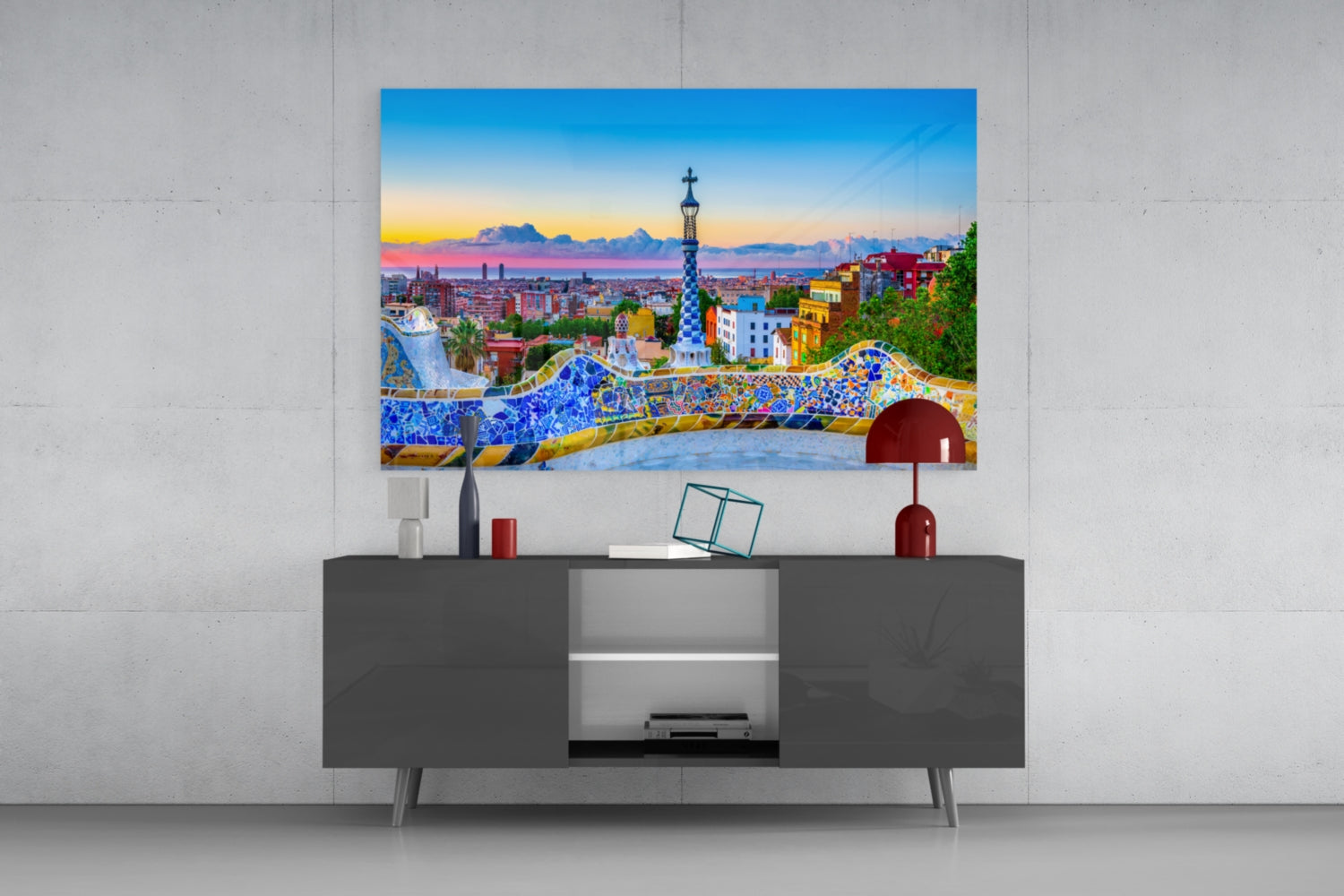 Mosaic Terrace Barcelona Sunset Skyline Glass Wall Art