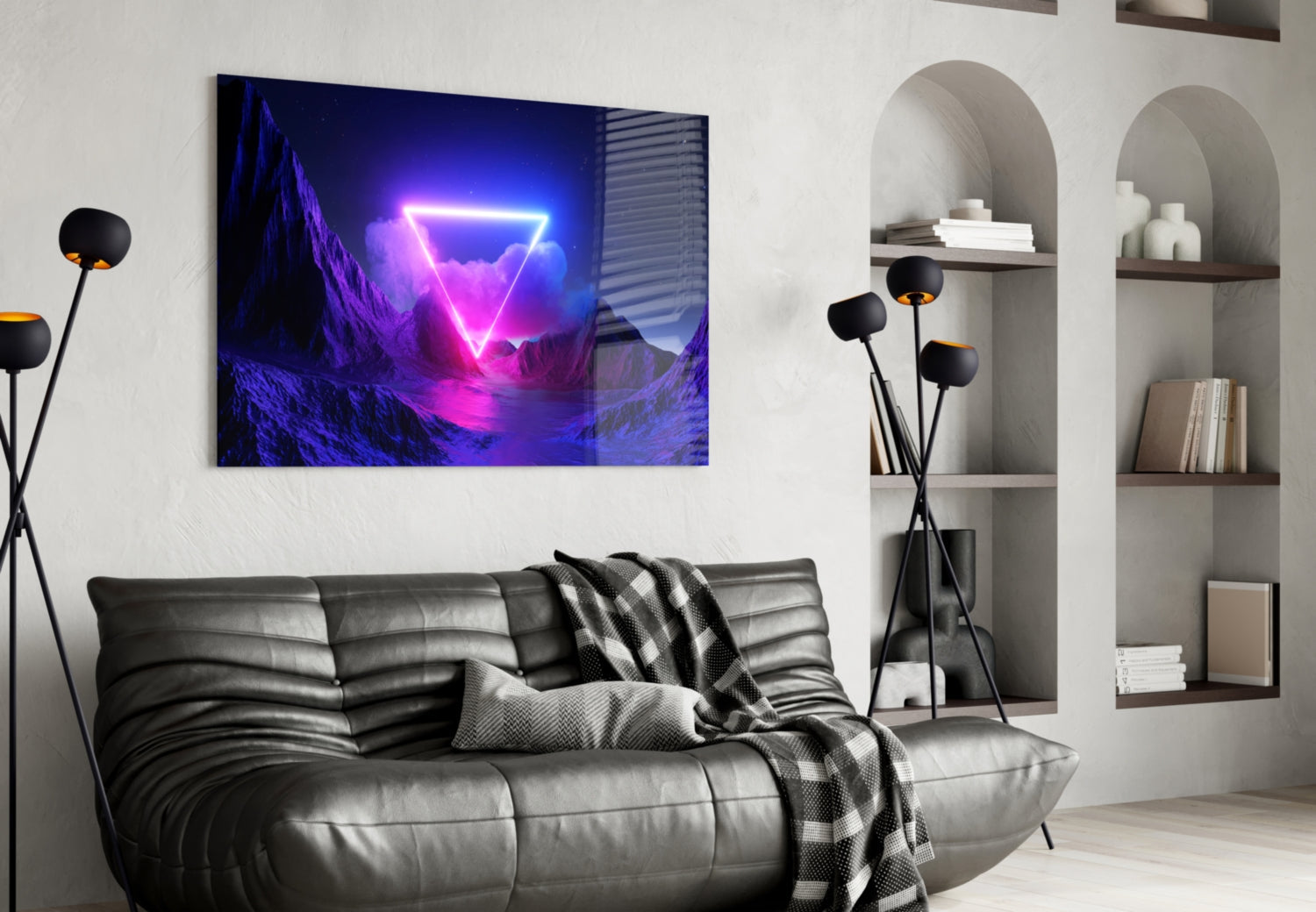 Neon Triangle Over Violet Peaks Glass Wall Art