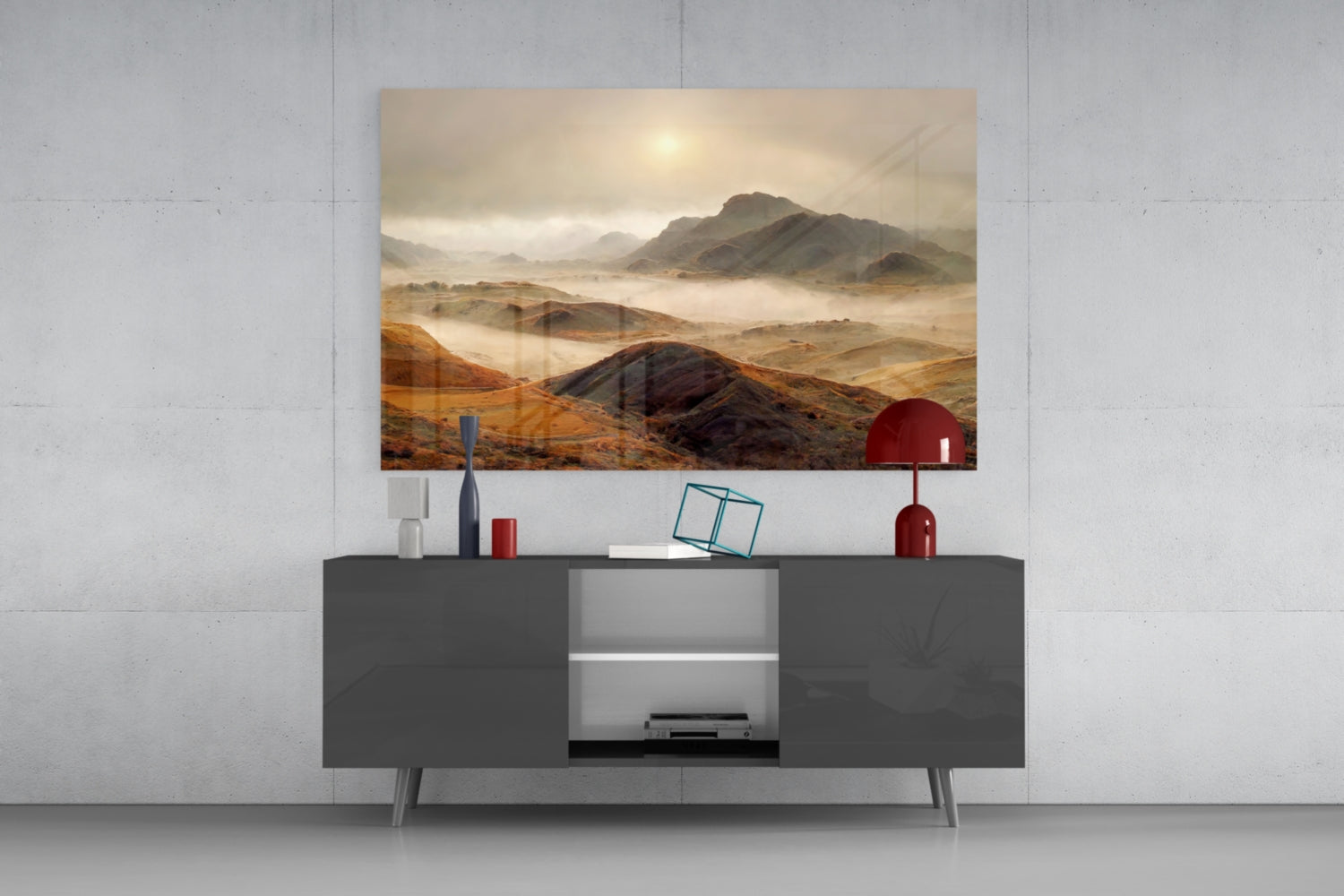 Pale Sun Foggy Ochre Hills Glass Wall Art