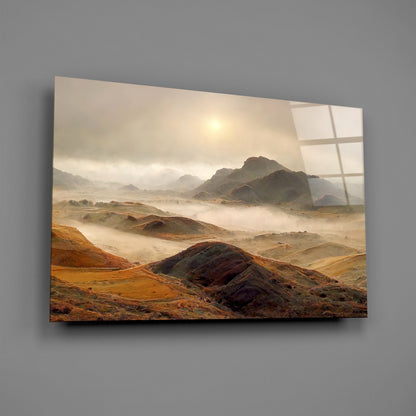 Pale Sun Foggy Ochre Hills Glass Wall Art